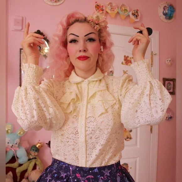 Smak Parlour Vintage Lace Ruffle Blouse sz L - Picture 4 of 6